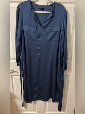 Alfani Long Sleeve Navy Shirt Dress with Tie Detail, Size XL.